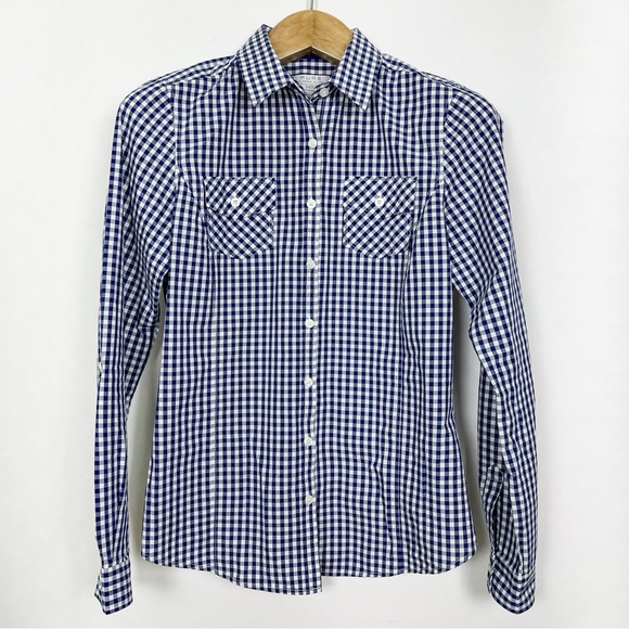 Pure Alfred Sung Women’s Blue and‎ White Gingham Button Down Shirt Size Medium - Picture 1 of 10